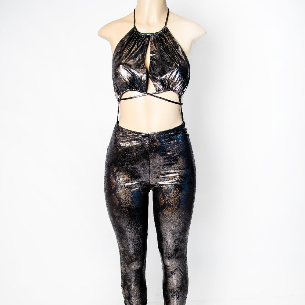 Black Metallic 2 Piece Backless Pant Set